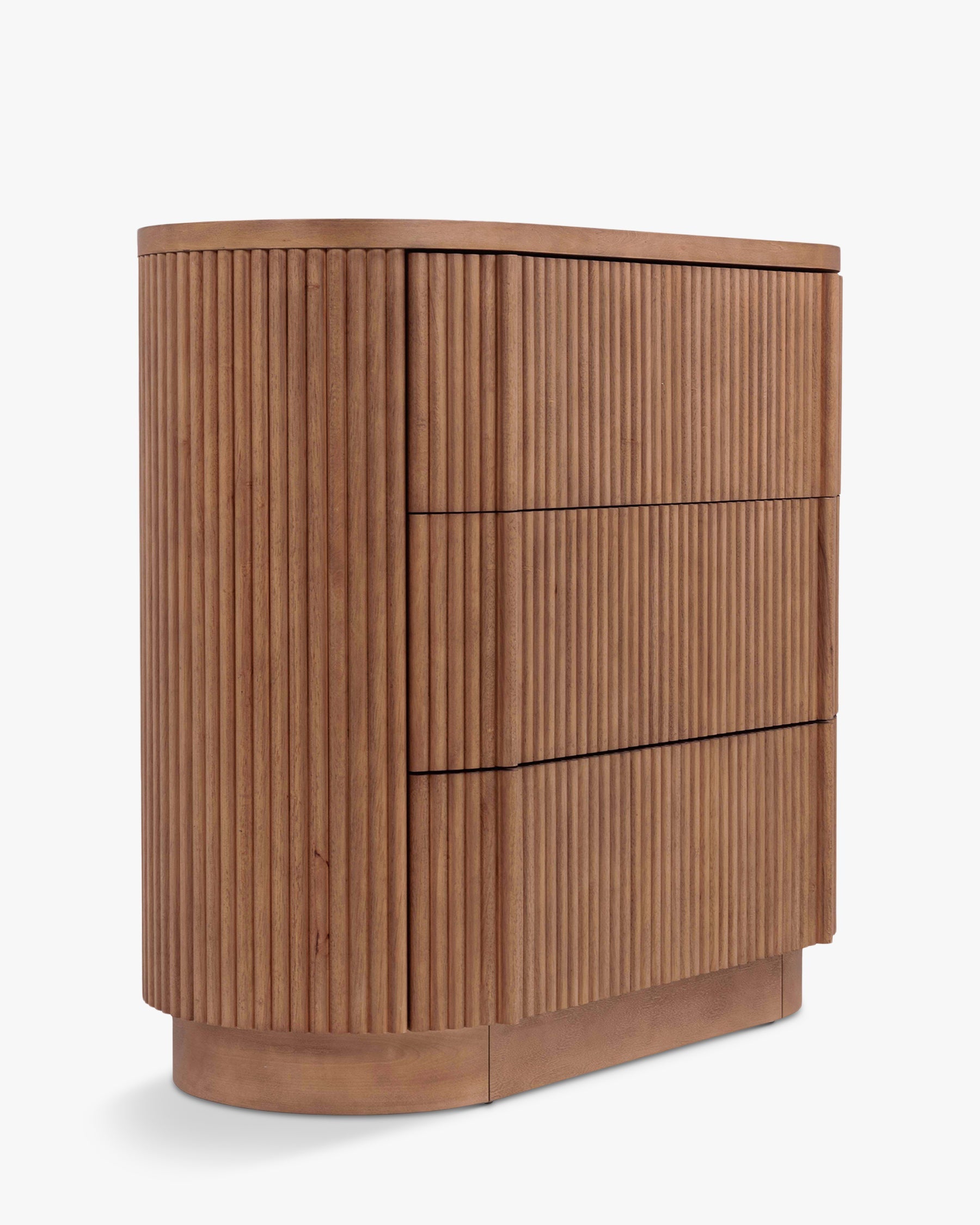 Commode élégante en bois avec coins arrondis, façade nervurée et système d'ouverture-pression pour chambre et salon