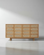 Bahut élégant en bois et rotin avec 16 tiroirs et rangement optimal pour salon et chambre