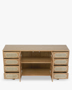 Bahut élégant en bois et rotin avec 16 tiroirs et rangement optimal pour salon et chambre