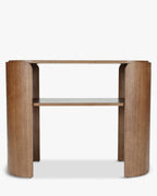 Console en bois minimaliste avec plateau large et pieds incurvés pour salon et chambre
