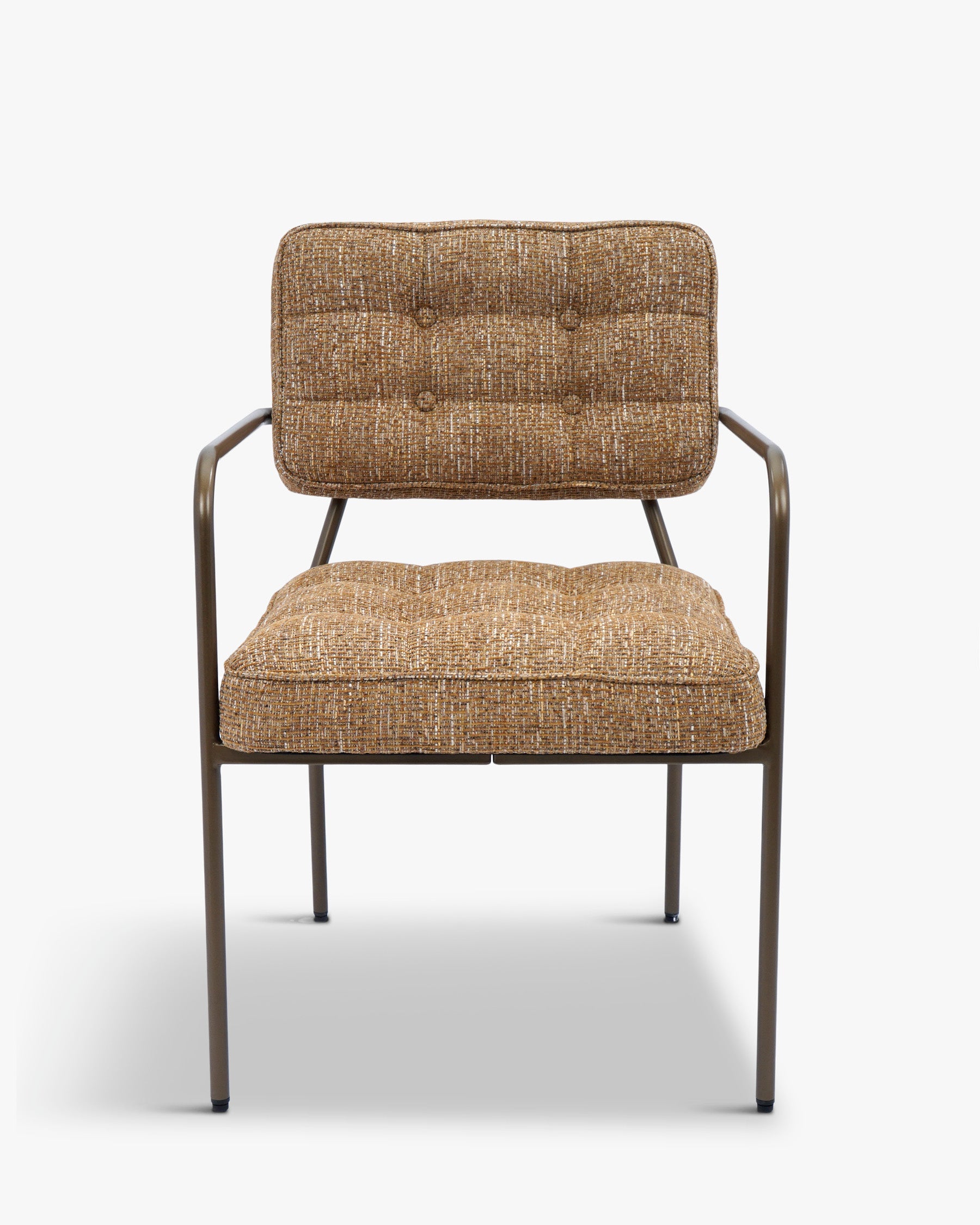 Fauteuil Rétro Années 70 en Tissu et Bronze avec Boutons Graphiques et Accoudoirs Épurés Salon et Salle à Manger