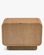 Buffet rétro en bois clair et bronze avec coins arrondis et pieds cylindriques pour salon