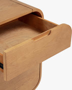 Buffet rétro en bois clair et bronze avec coins arrondis et pieds cylindriques pour salon