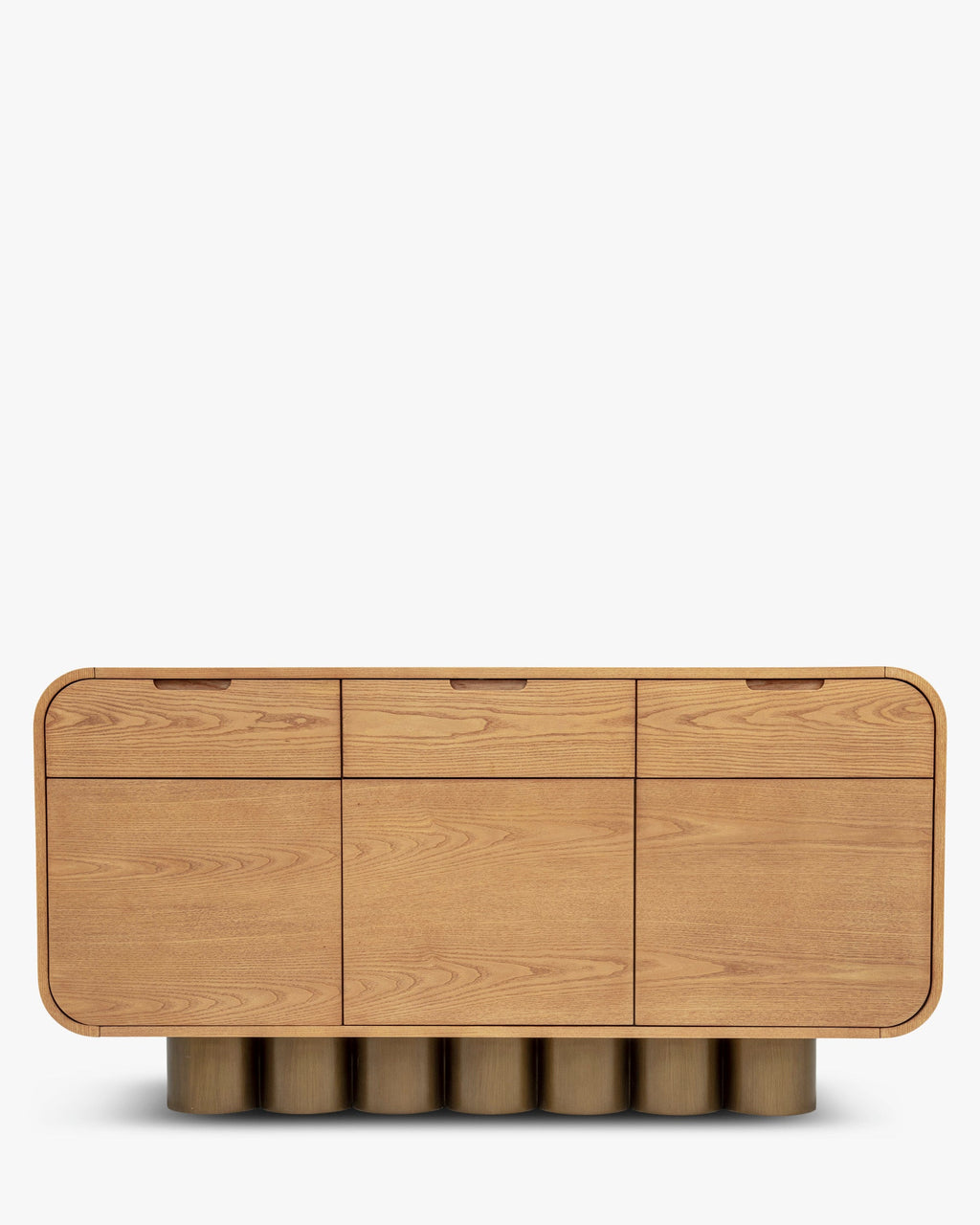 Buffet rétro en bois clair et bronze avec coins arrondis et pieds cylindriques pour salon