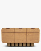 Buffet rétro en bois clair et bronze avec coins arrondis et pieds cylindriques pour salon