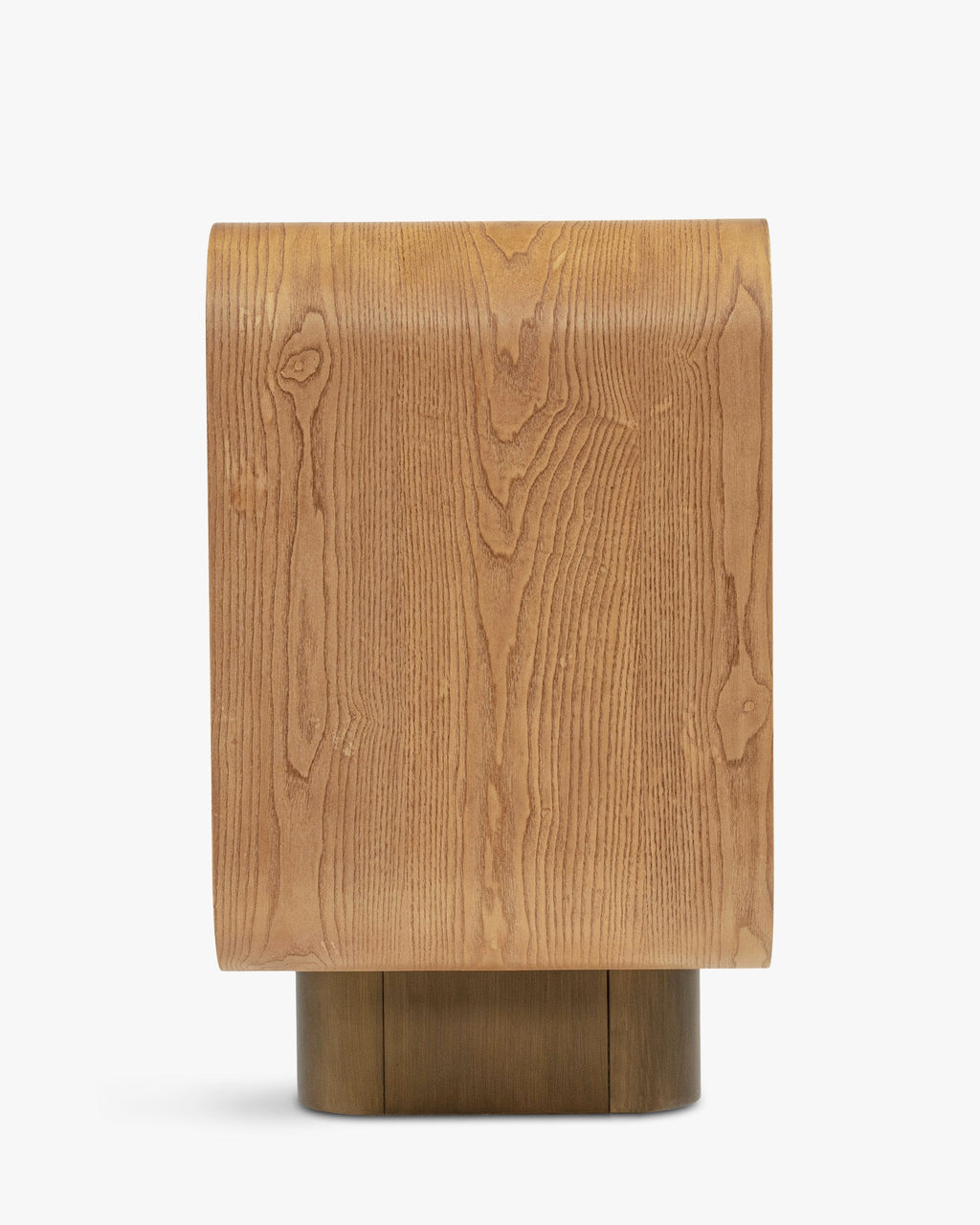 Buffet rétro en bois clair et bronze avec coins arrondis et pieds cylindriques pour salon