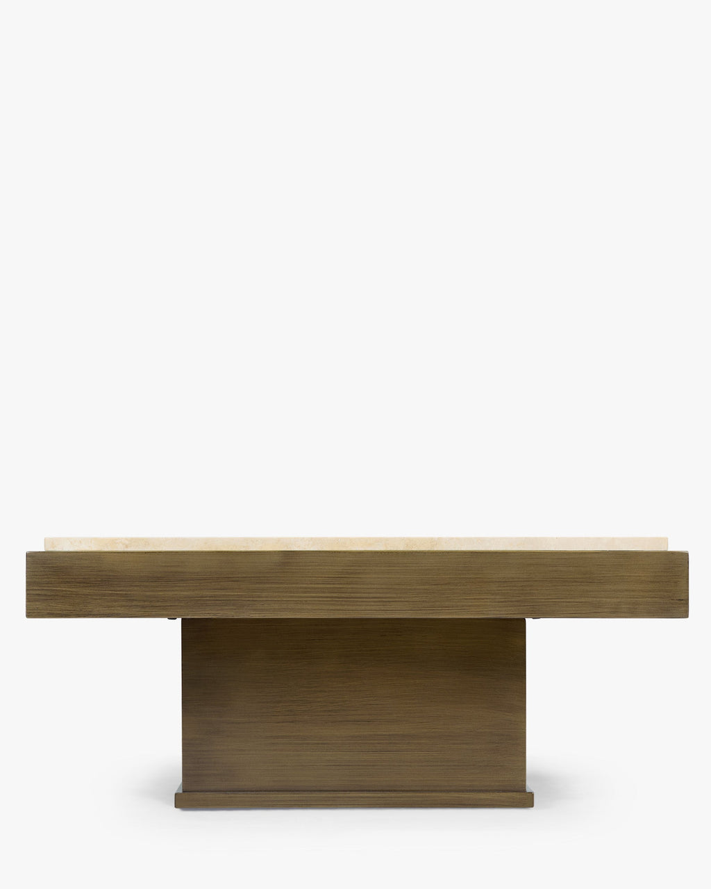 Table basse sculpturale en travertin avec silhouette monolithique et tons minéraux pour salon