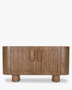 Buffet en Frêne Massif Teinté Noyer Fait Main, Motifs Sculptés Ovales et Inspiration Indonésienne, Salon & Salle à Manger