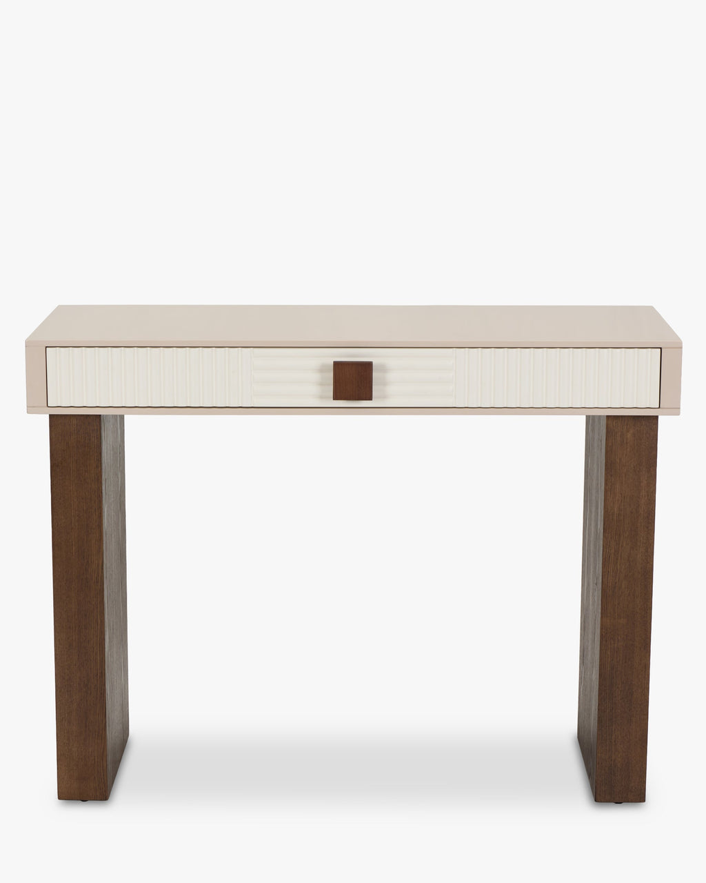 Console Graphic en frêne laqué et noyer avec demi-relief et contraste sable/blanc cassé pour salon et entrée