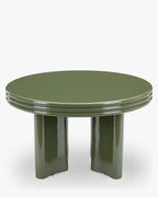Table basse sculpturales laquée kaki avec base ovale et détails de bord demi-rond, pour salon