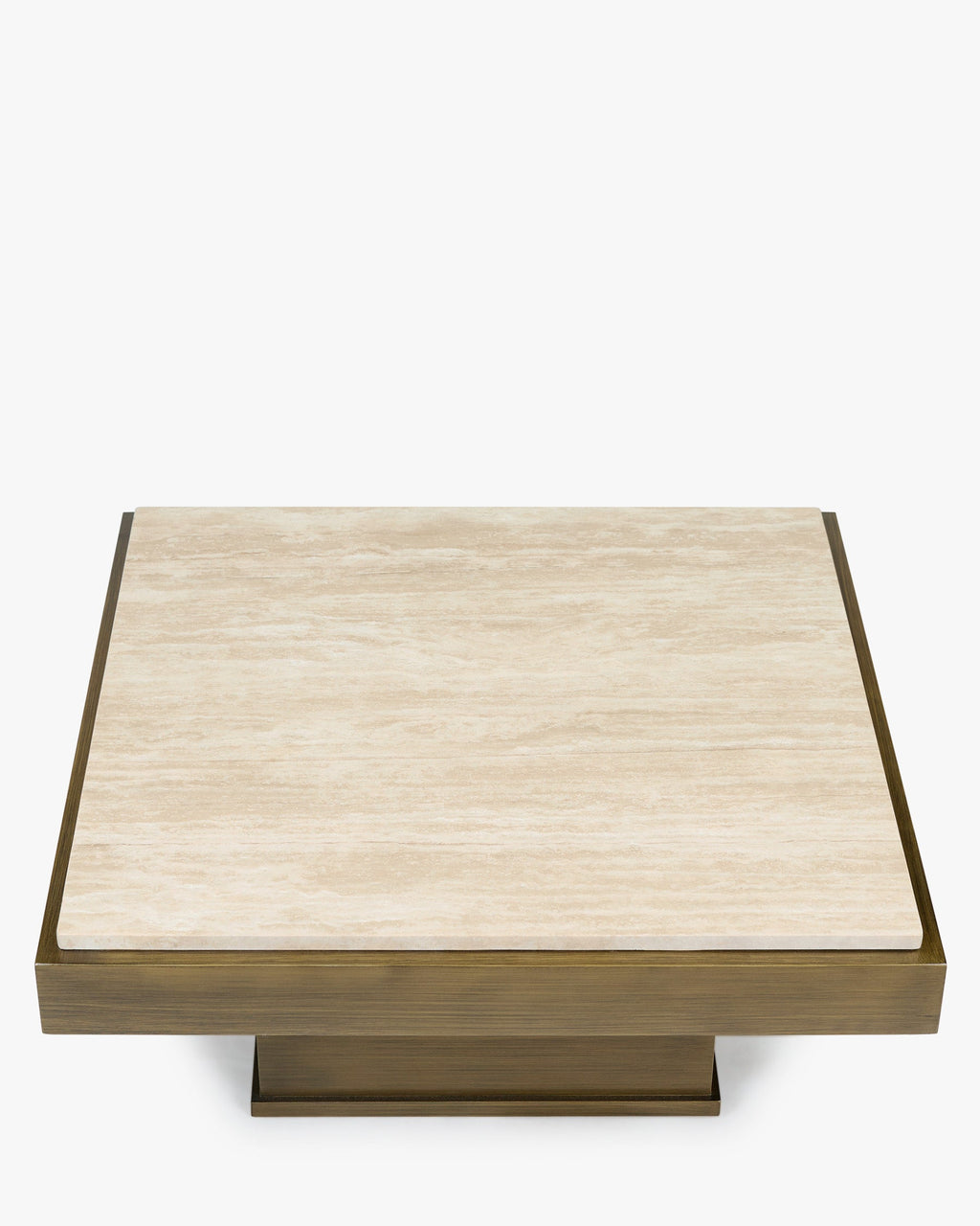 Table basse sculpturale en travertin avec silhouette monolithique et tons minéraux pour salon