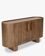 Buffet en Frêne Massif Teinté Noyer Fait Main, Motifs Sculptés Ovales et Inspiration Indonésienne, Salon & Salle à Manger