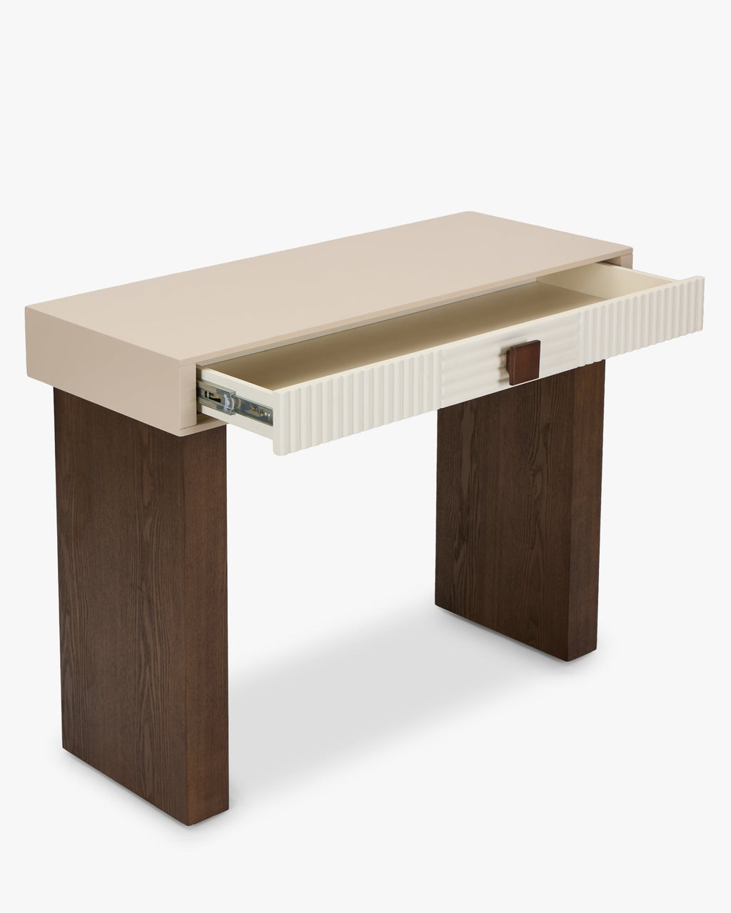 Console Graphic en frêne laqué et noyer avec demi-relief et contraste sable/blanc cassé pour salon et entrée