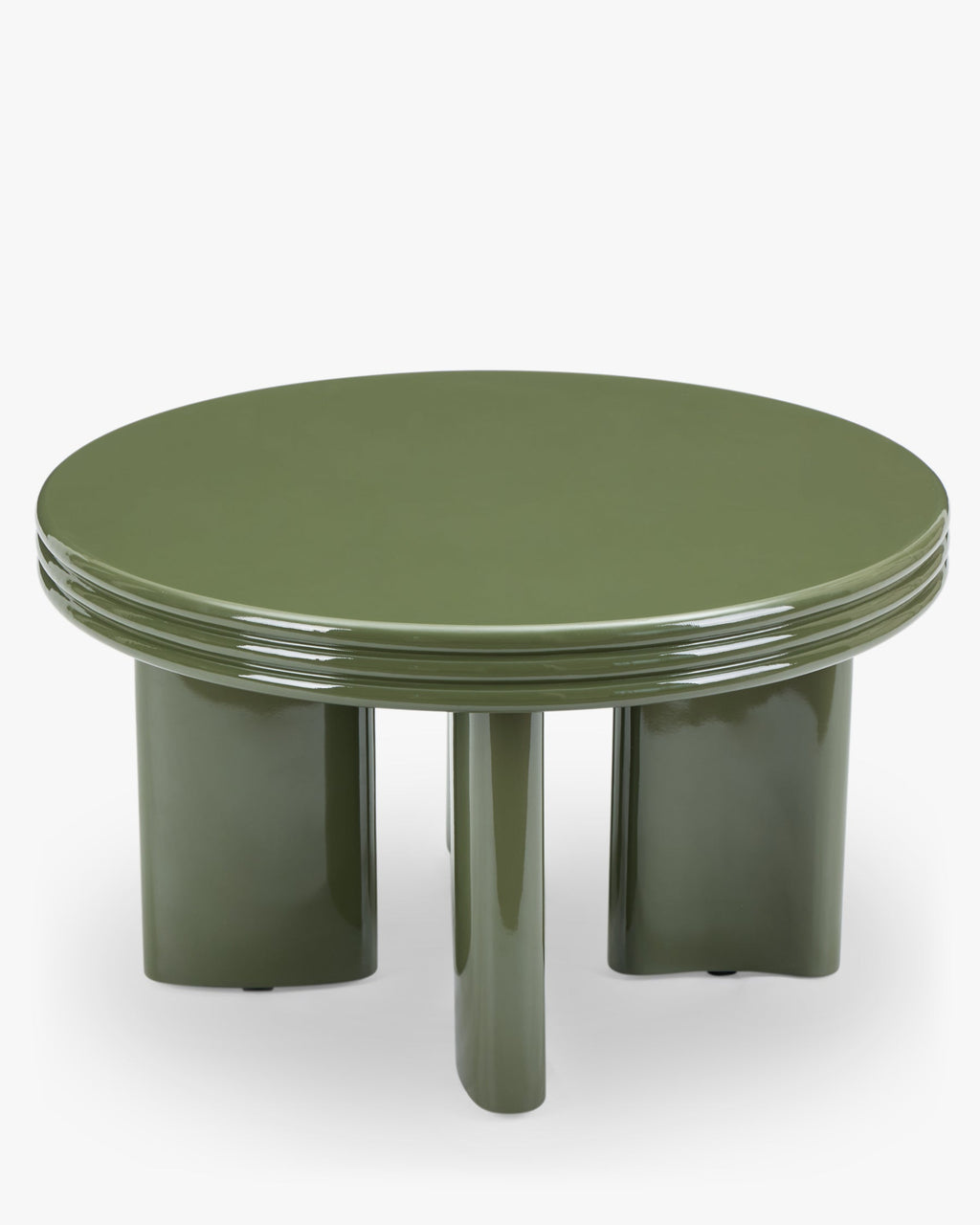 Table basse sculpturales laquée kaki avec base ovale et détails de bord demi-rond, pour salon
