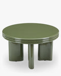 Table basse sculpturales laquée kaki avec base ovale et détails de bord demi-rond, pour salon