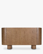 Buffet en Frêne Massif Teinté Noyer Fait Main, Motifs Sculptés Ovales et Inspiration Indonésienne, Salon & Salle à Manger