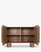 Buffet en Frêne Massif Teinté Noyer Fait Main, Motifs Sculptés Ovales et Inspiration Indonésienne, Salon & Salle à Manger