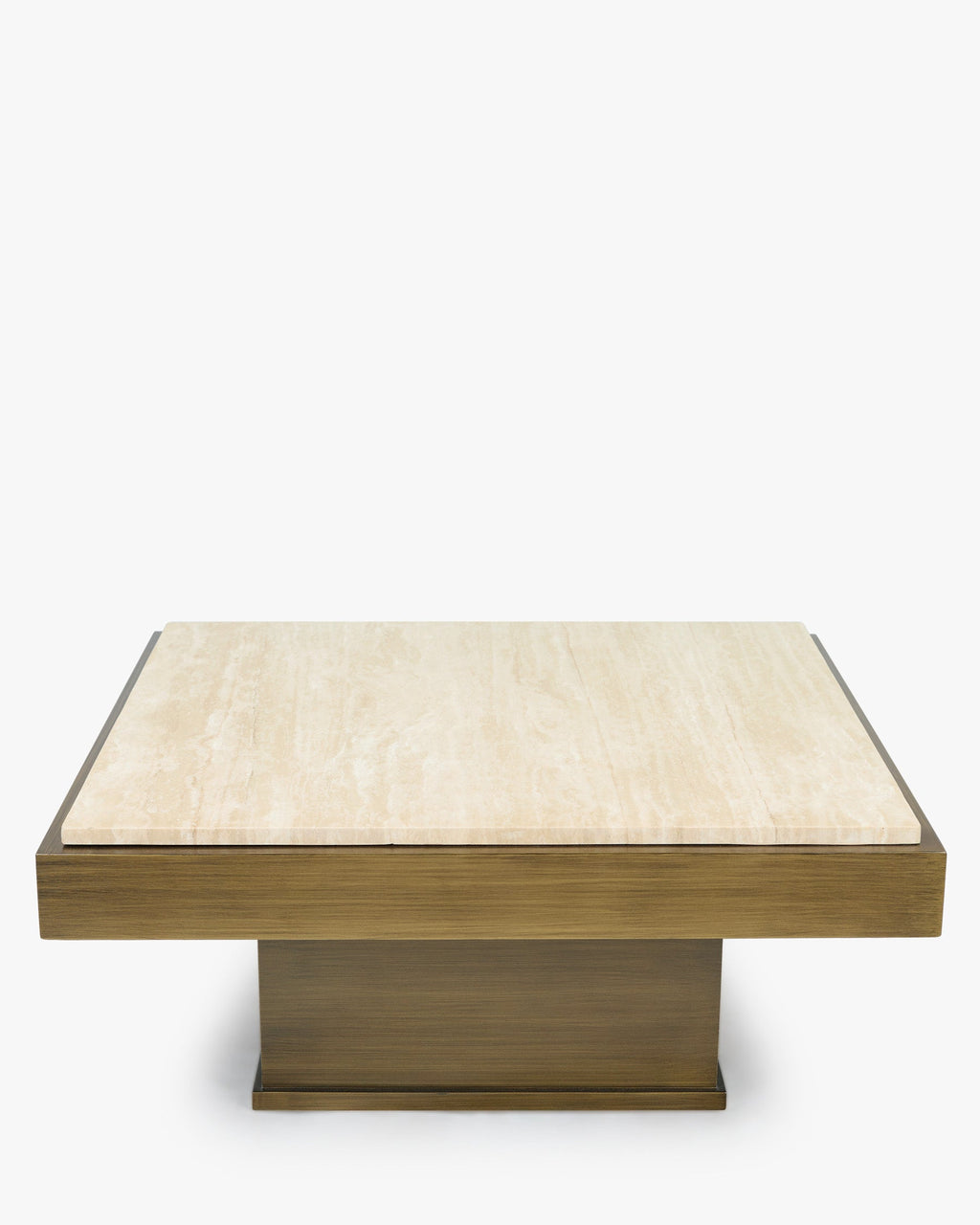 Table basse sculpturale en travertin avec silhouette monolithique et tons minéraux pour salon