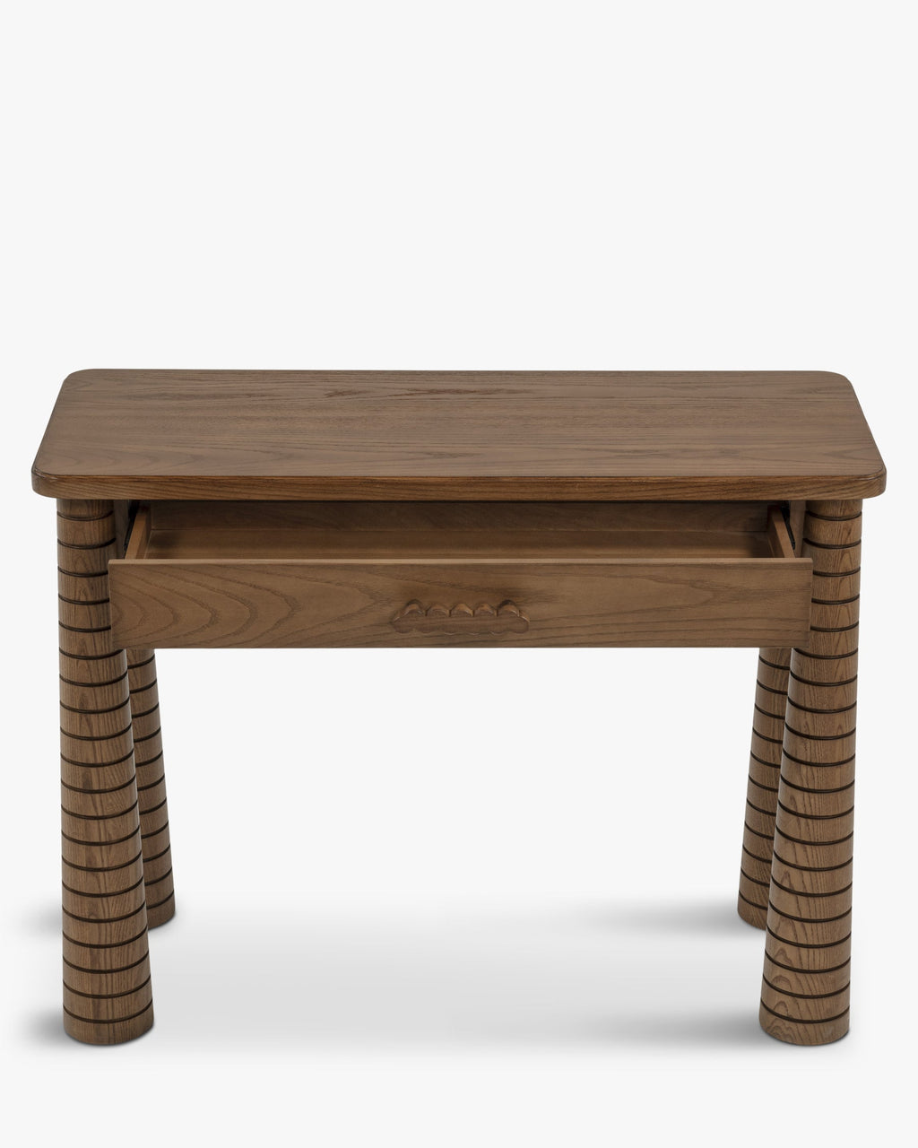 Console en frêne artisanal teinté noyer avec pieds fuselés sculptés et tiroir intégré Salon et Entrée
