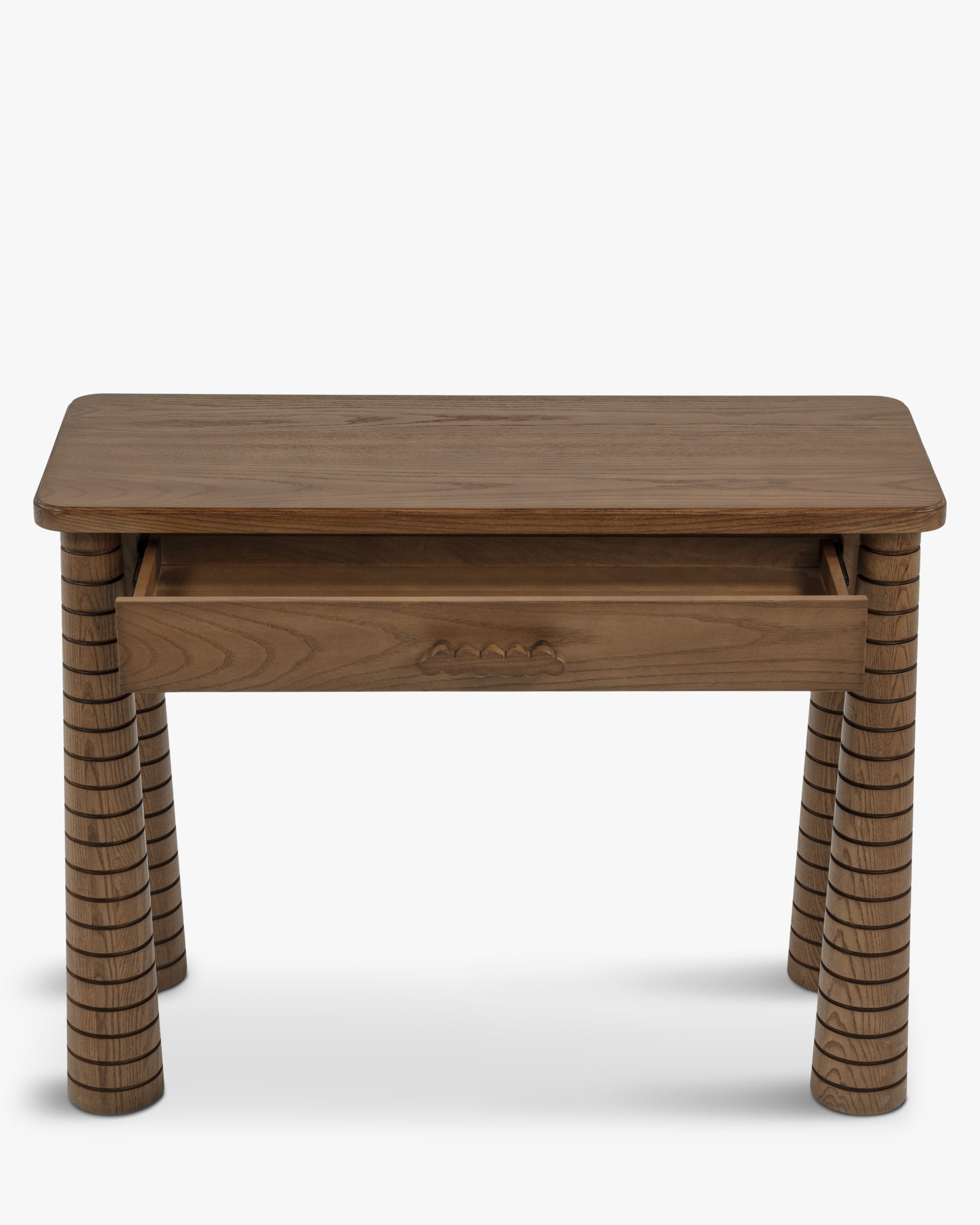 Console en frêne artisanal teinté noyer avec pieds fuselés sculptés et tiroir intégré Salon et Entrée