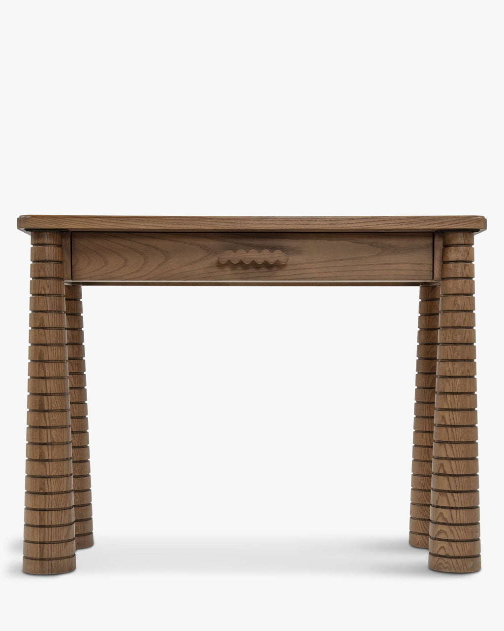 Console en frêne artisanal teinté noyer avec pieds fuselés sculptés et tiroir intégré Salon et Entrée