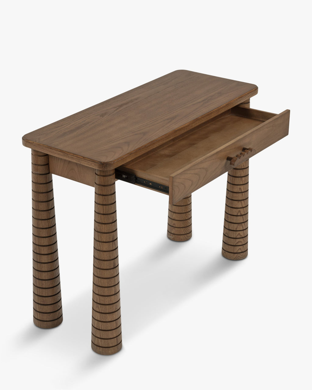 Console en frêne artisanal teinté noyer avec pieds fuselés sculptés et tiroir intégré Salon et Entrée