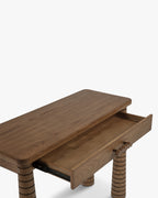 Console en frêne artisanal teinté noyer avec pieds fuselés sculptés et tiroir intégré Salon et Entrée