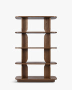 Bibliothèque rétro en bois avec design graphique et structure élégante pour salon et bureau à domicile