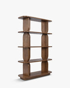 Bibliothèque rétro en bois avec design graphique et structure élégante pour salon et bureau à domicile
