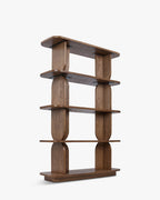 Bibliothèque rétro en bois avec design graphique et structure élégante pour salon et bureau à domicile