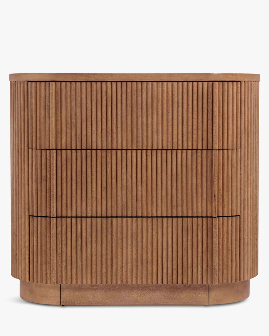 Commode élégante en bois avec coins arrondis, façade nervurée et système d'ouverture-pression pour chambre et salon